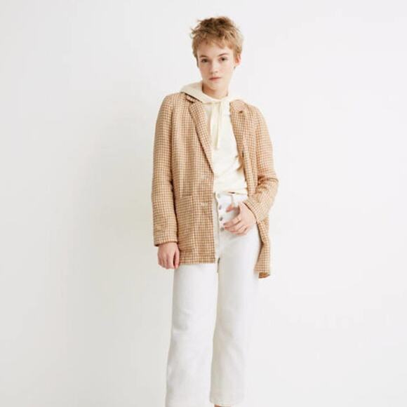 MADEWELL Linen Dorset Blazer in Gingham Check Tan White Neutral {3E25} - Picture 3 of 9